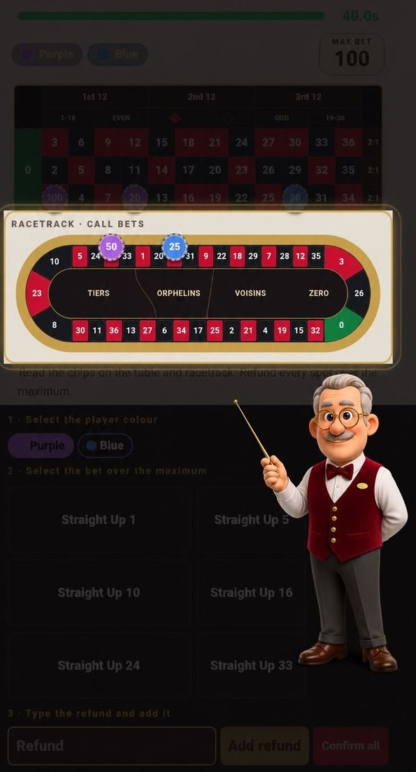 App screen: a roulette training exercise with Tony pointing at the racetrack.