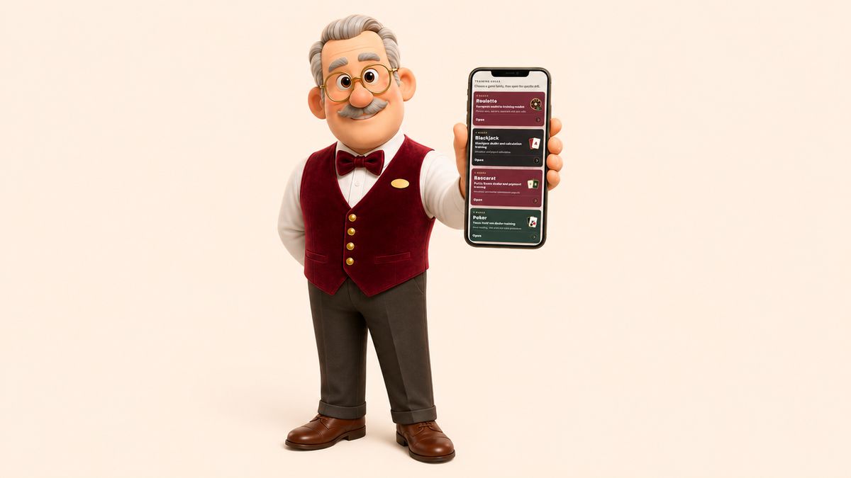Tony, the app's teacher character, holding a phone showing the training menu.