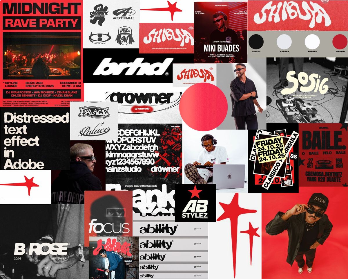 Reference board for the Ab Stylez rebrand: club flyers, logotypes and type experiments in red, black and white.