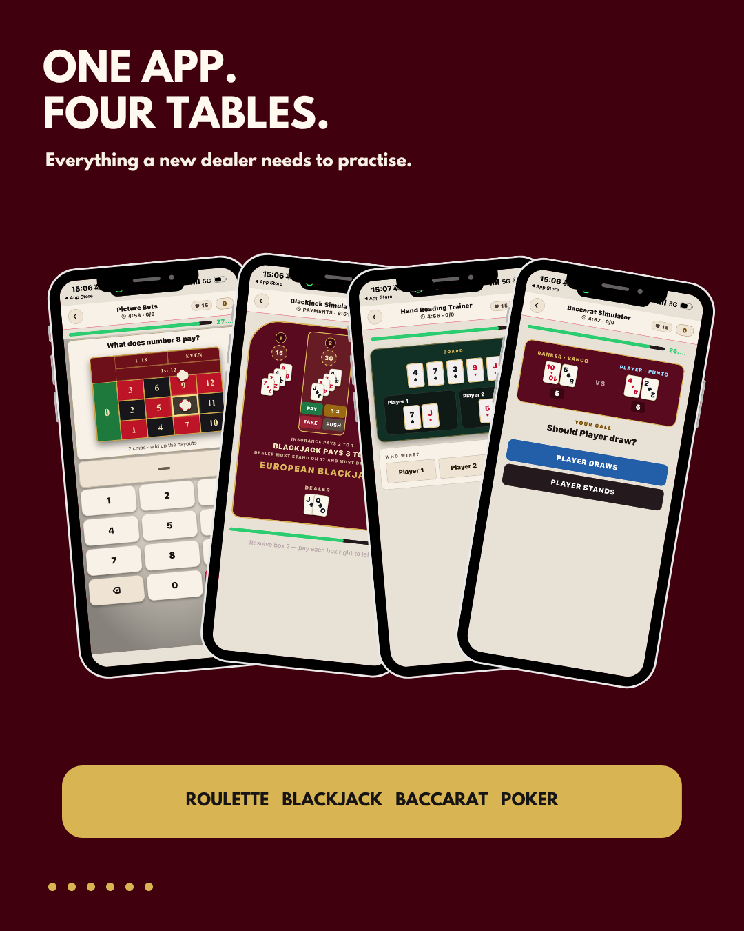 Ready to Deal screens for roulette, blackjack, baccarat and poker.
