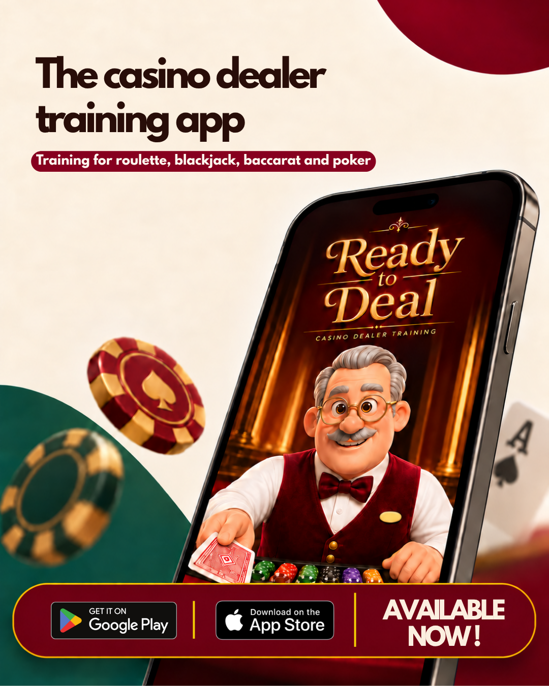 Ready to Deal casino dealer training app campaign cover.