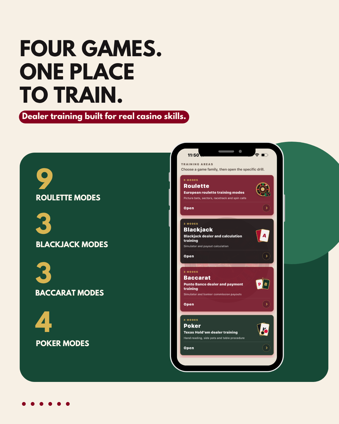 Four casino games and training modes available in Ready to Deal.