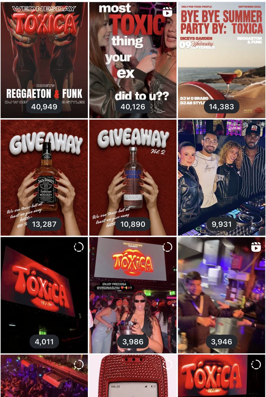 Instagram insights grid for the Tóxica account, showing view counts per post.