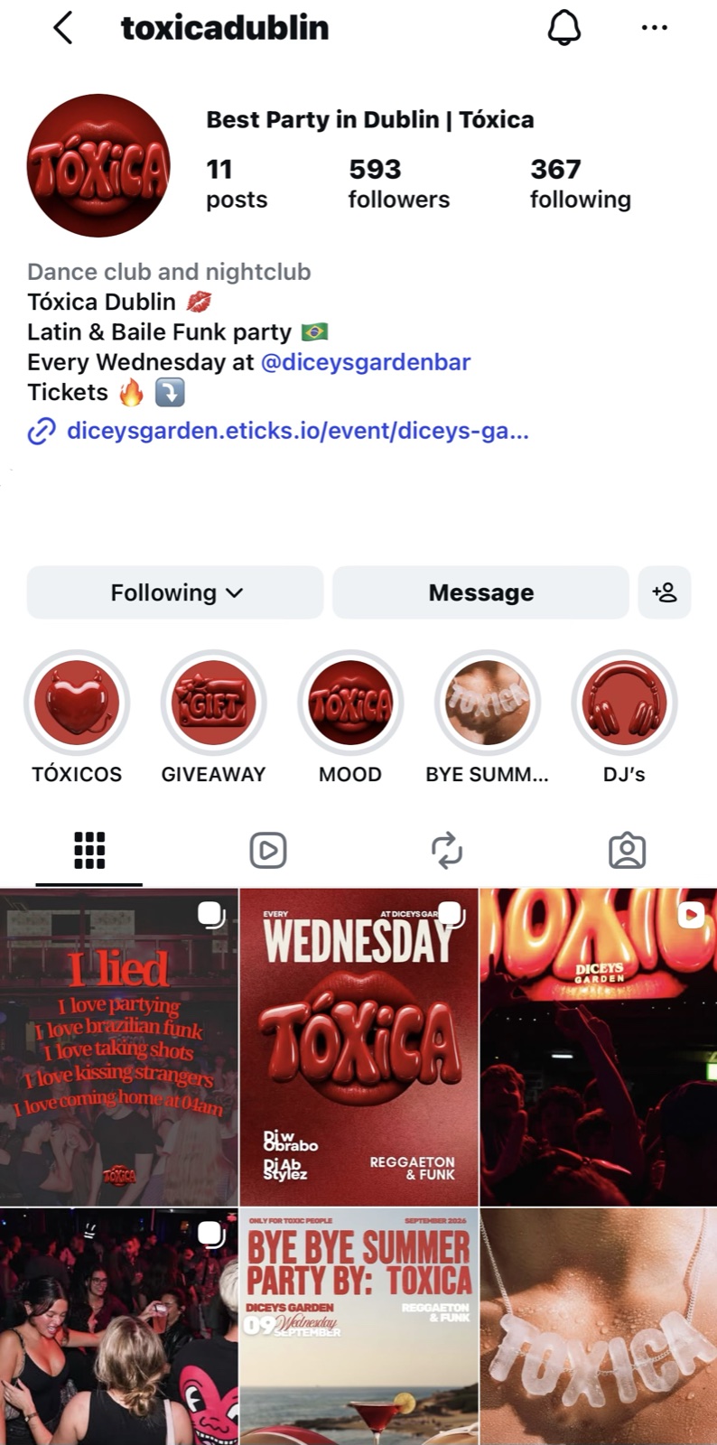 Tóxica Instagram profile and content grid.