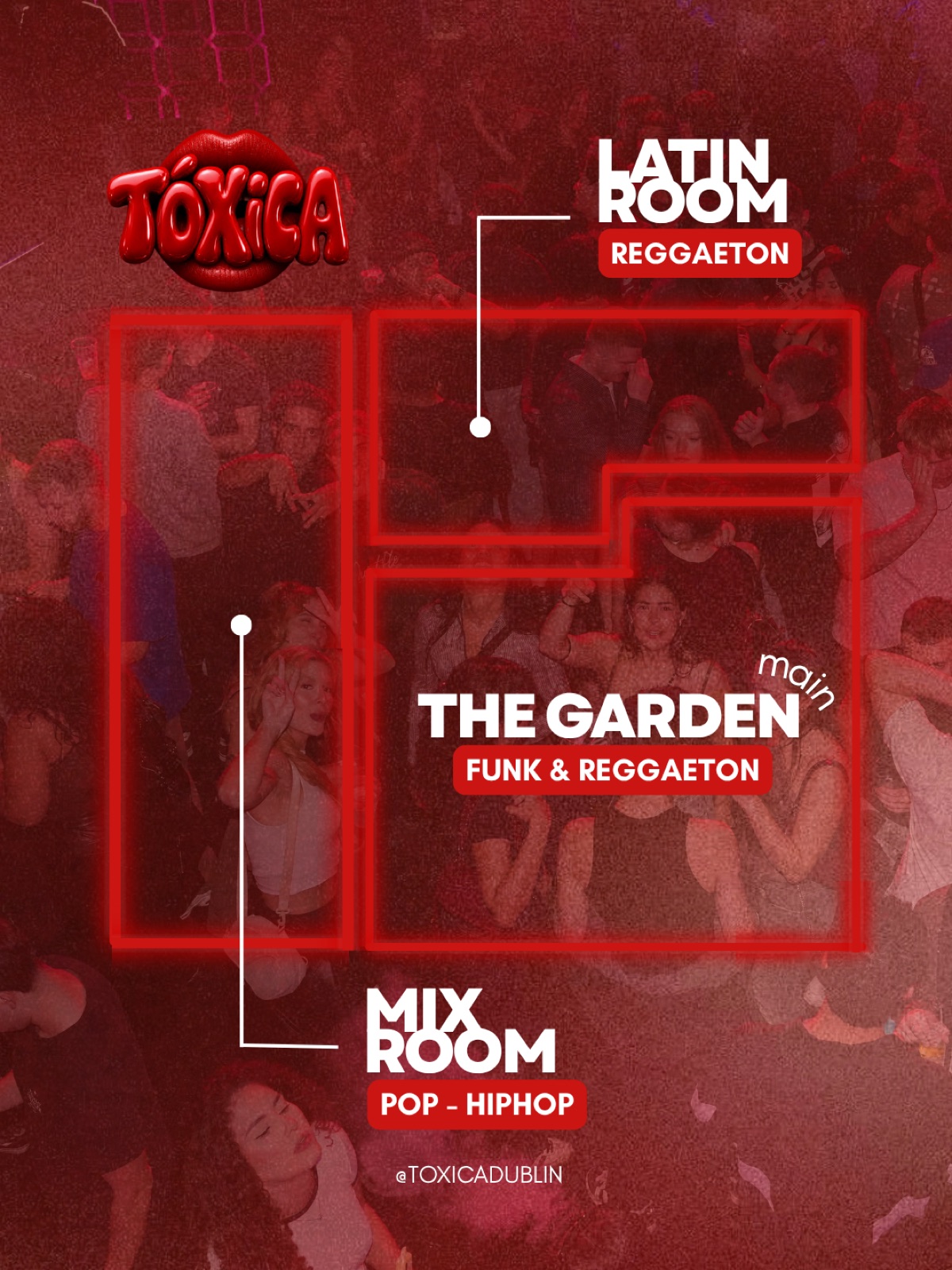 Tóxica event rooms and music map.